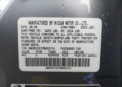 2007 Infiniti M45 Sport from USA, damaged, VIN JNKBY01E37M400714